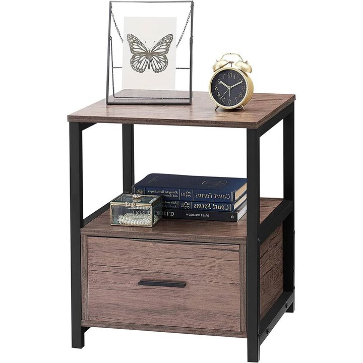 Set of 2 Contemporary Metal Wood End Tables with Drawer for Bedroom