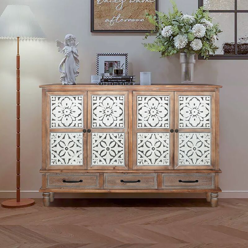 TATEUS 59.06" Chic Natural Wood Accent Cabinet, 4 Doord 3 drawers Sideboard image number 4
