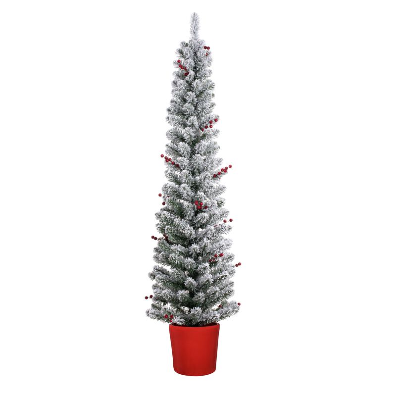 5 Foot Pre-lit Flocked Berry Artificial Fir Christmas Potted Pencil Tree image number 2