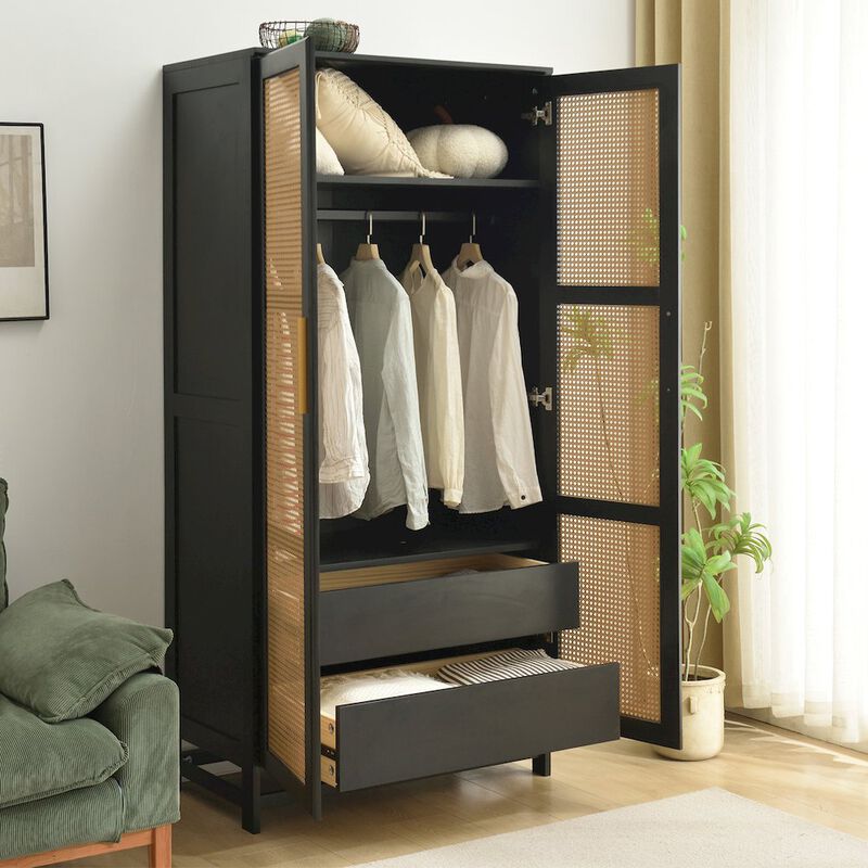 Woodpeckers Furniture And Mattress Solid Wood Armoire with Rattan Doors (Black)