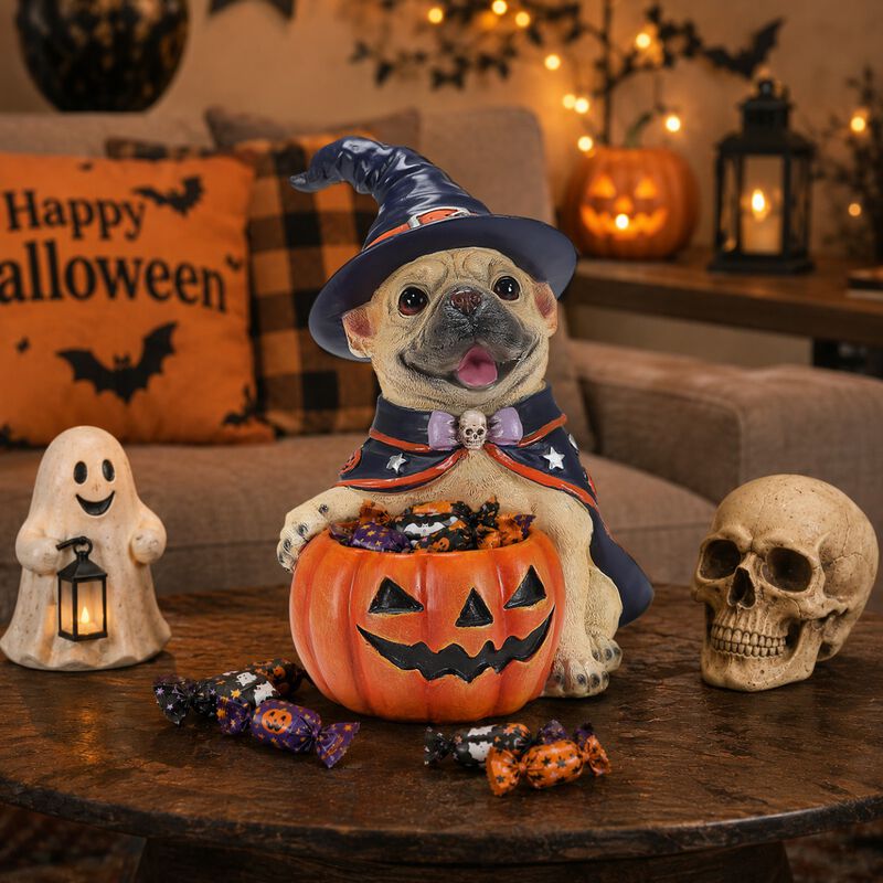 Worip Halloween Resin Dog Witch Figurine with Pumpkin Candy Bowl image number 7