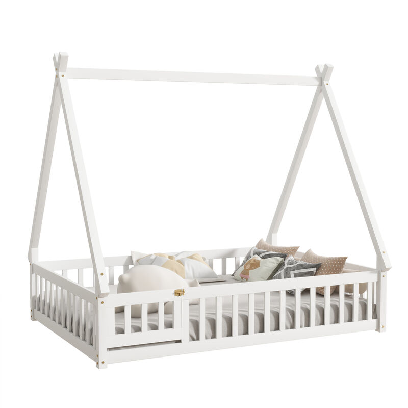 Whisen Wooden Teepee Tent Bed with Guardrails and Slats, Full Floor Bed with Door for Kids image number 0