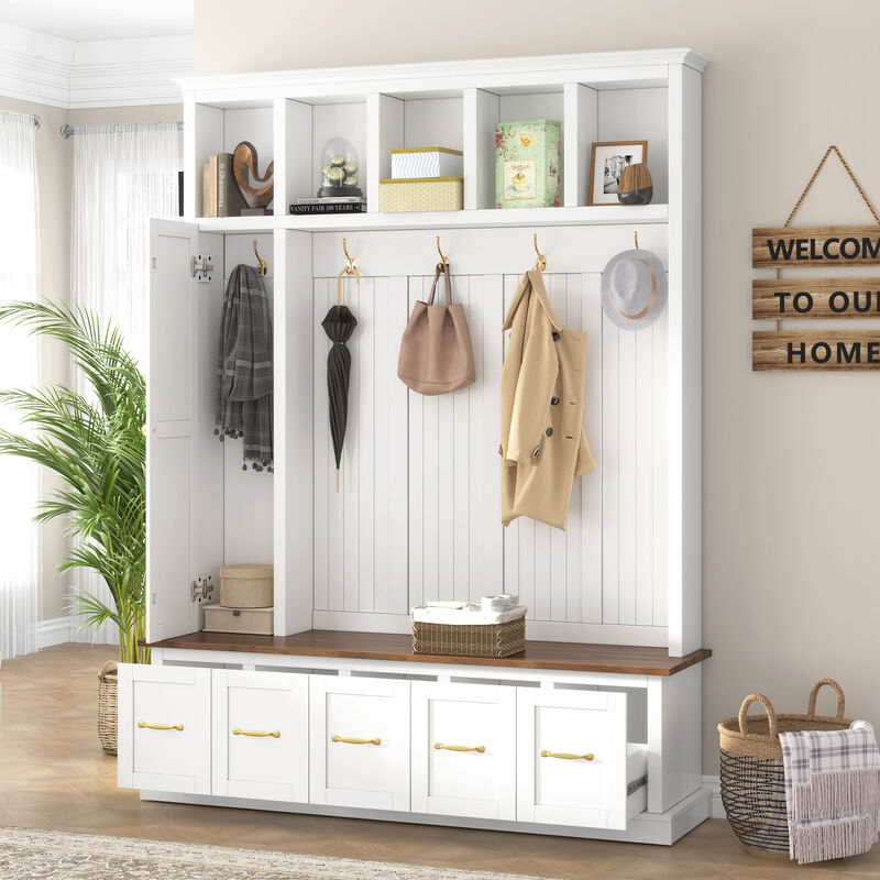 Merax 4-in-1 Entryway Hall Tree with Storage Bench, Hanging Hooks, Open Cubbies & Drawers image number 2
