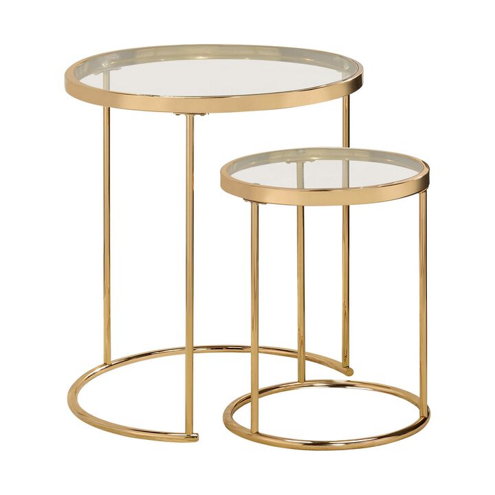 23 Inch Round Nesting Tables, Glass, Metal Base, Set of 2, Gold, Clear-Benzara