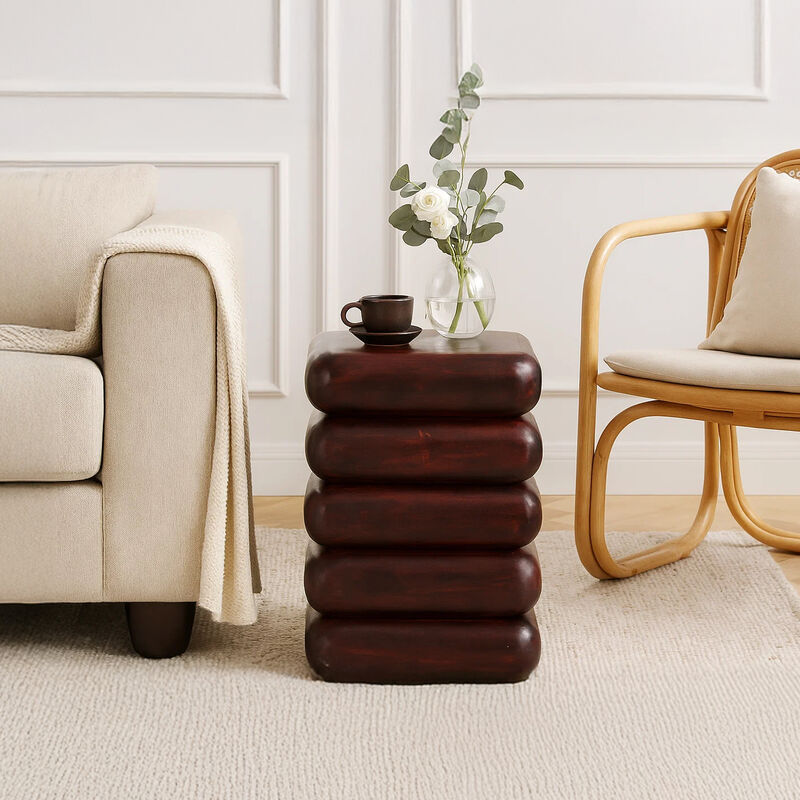Zyra 18" Side End Table | Sculptural Stacked Design |  Dark Cherry Brown Acacia Wood