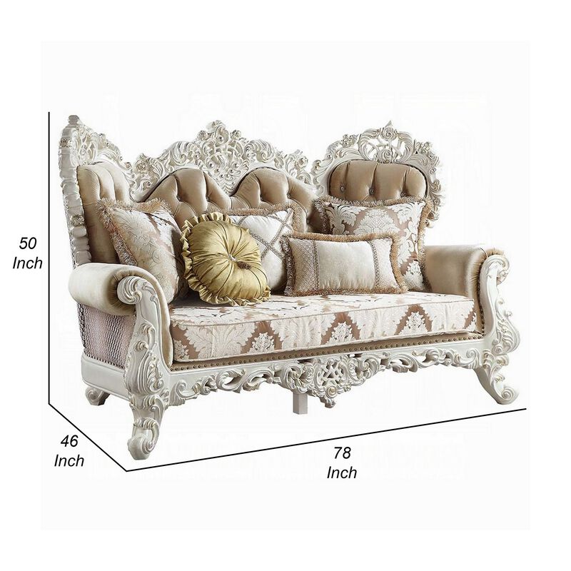 Kin Ornate Loveseat, 5 Accent Pillows, Tufted Tan, Antique White,  - Benzara - Benzara