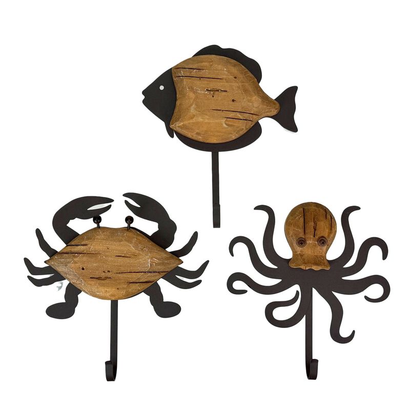 Set Of 3 Nautical Wood And Metal Decorative Wall Hooks Fish Crab Octopus image number 0