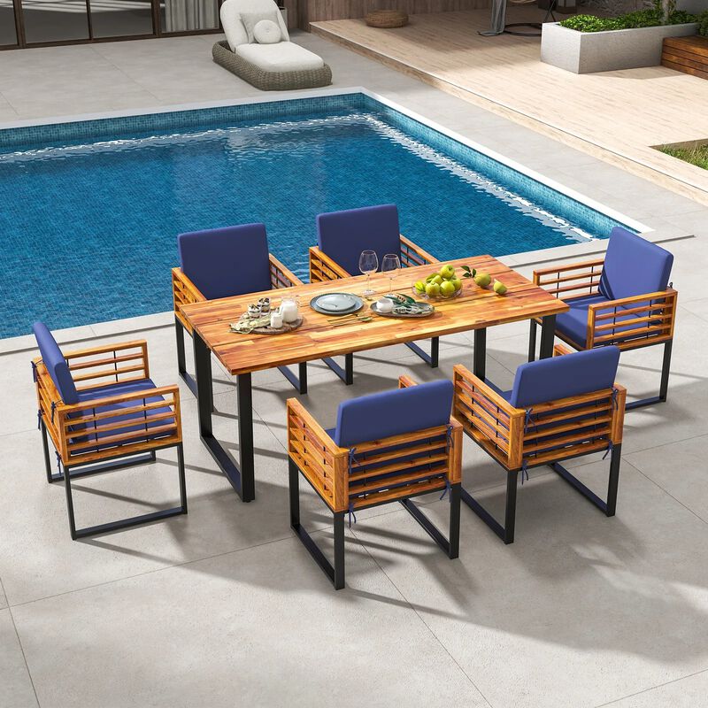 Mondawe 7-Piece Outdoor Patio Dining Set,1 Acacia Wood Table With Umbrella Hole & 6 Cushioned Chairs