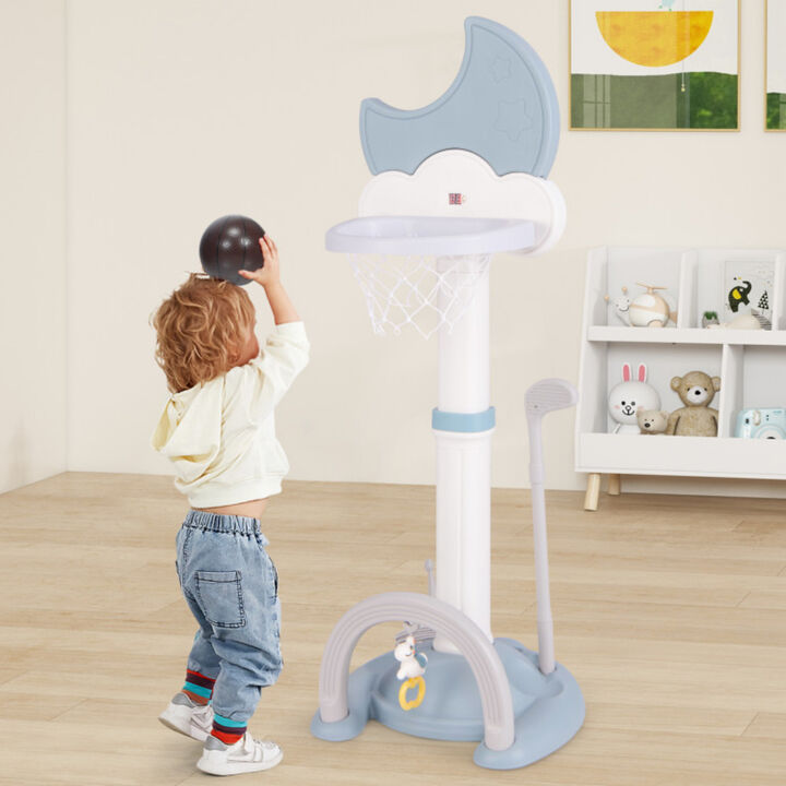 Kids 4 In 1 Basketball Hoop Play Set with Moon Shaped Electronic Scoreboard-Blue