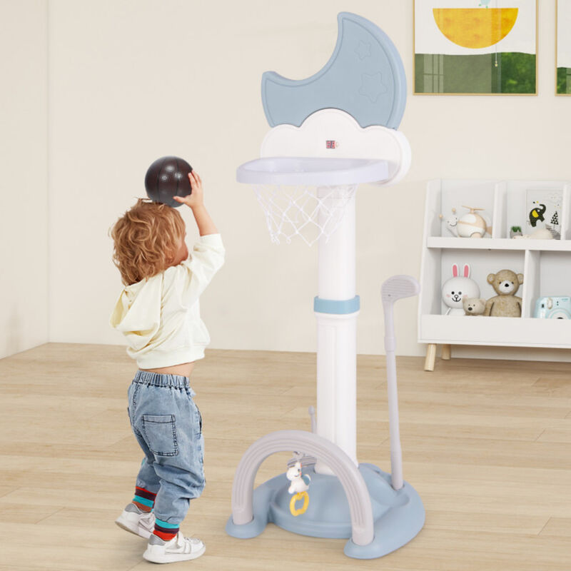 Kids 4 In 1 Basketball Hoop Play Set with Moon Shaped Electronic Scoreboard-Blue image number 1