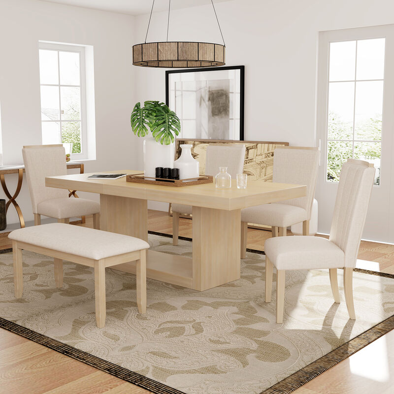 Whisen Contemporary 6-Piece Extendable Dining Table Set with Bench and 4 Upholstered Dining Chair - Natural