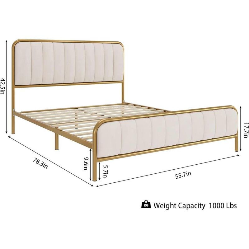 Hivvago Full size Gold Metal Platform Bed Frame with Off-White Upholstered Headboard