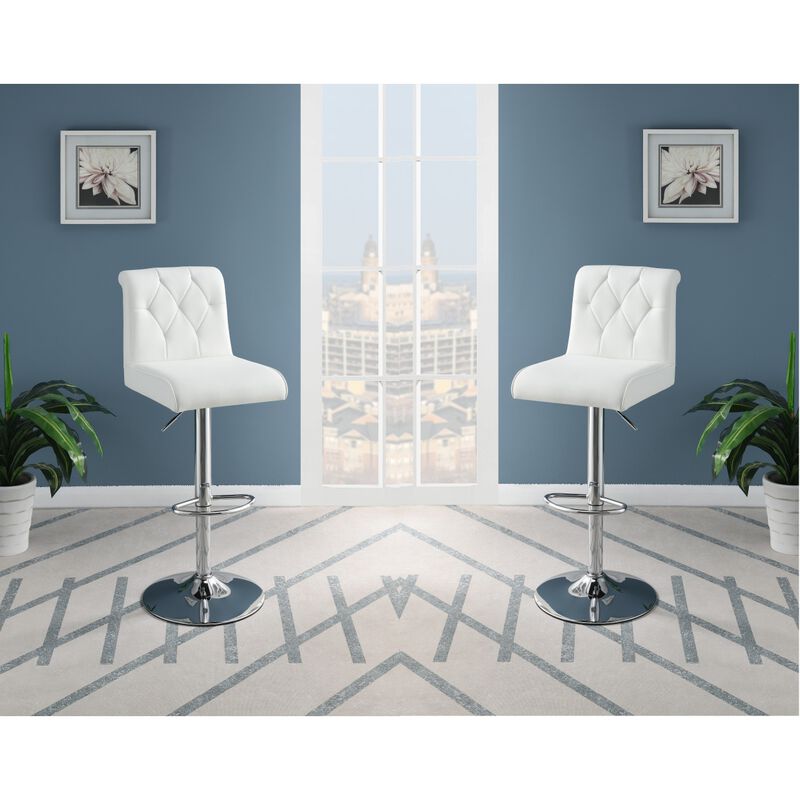 Adjustable Barstool Gas lift Chair White Faux Leather Tufted Chrome Base Modern Set of 2 Chairs Dining Kitchen