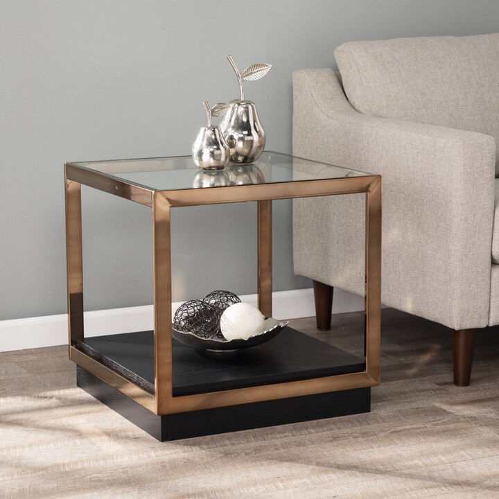 Homezia 22" Champagne Glass And Iron Square End Table With Shelf