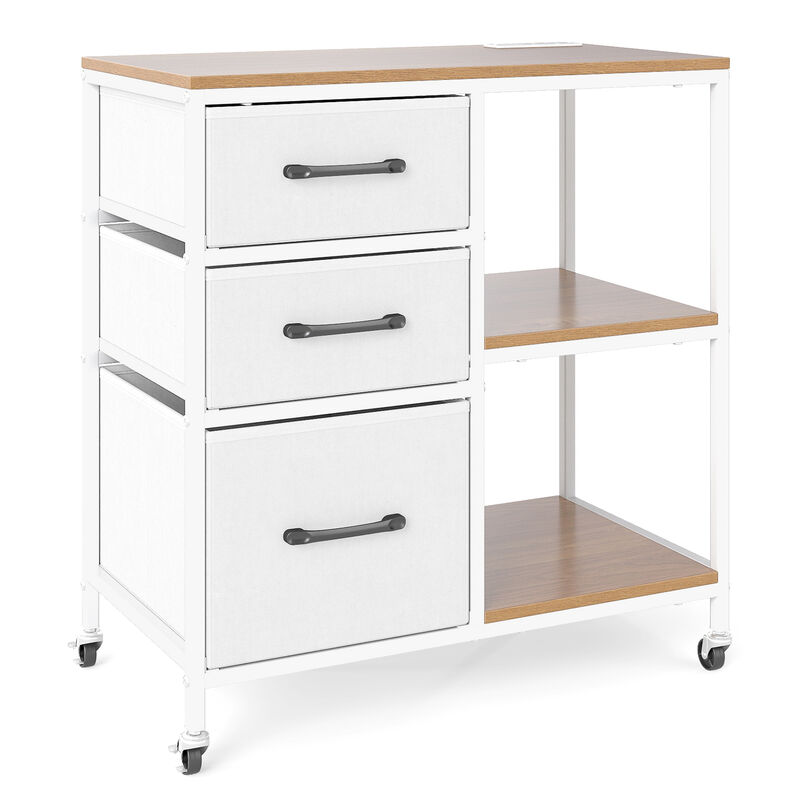 Rolling 3 Drawer File Cabinet with Charging Station and Open Storage Shelves image number 0