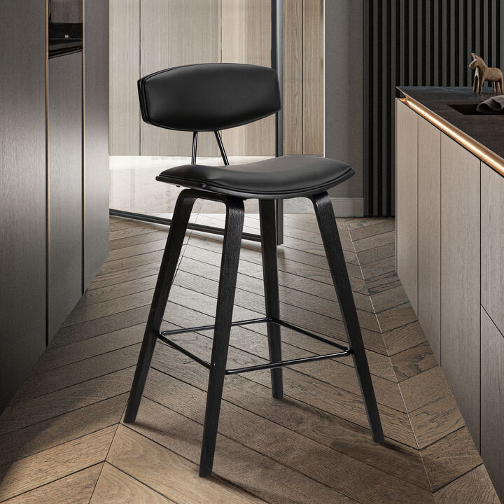 Fox Counter Height Black Faux Leather and Black Wood Mid-Century Modern Bar Stool