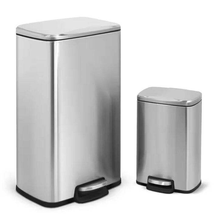 Set of 2 Stainless Steel Trash Cans 8 Gal and 1.3 Gal with Step Pedal Lids