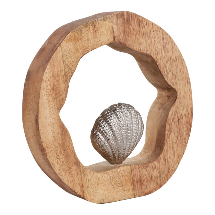 10x10" Seashell In Wood Round, Silver/natural