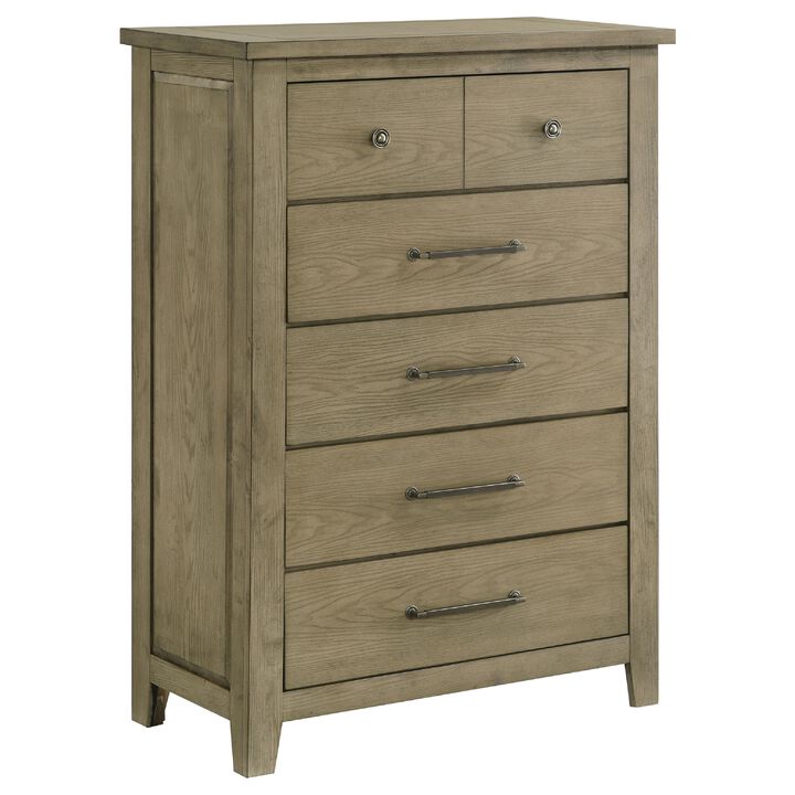 Hazel Tall Dresser Chest, 5 Drawers, Antique Nickel Metal, Oak Brown Wood