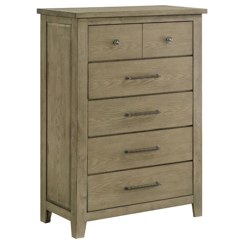 Hazel Tall Dresser Chest, 5 Drawers, Antique Nickel Metal, Oak Brown Wood image number 0