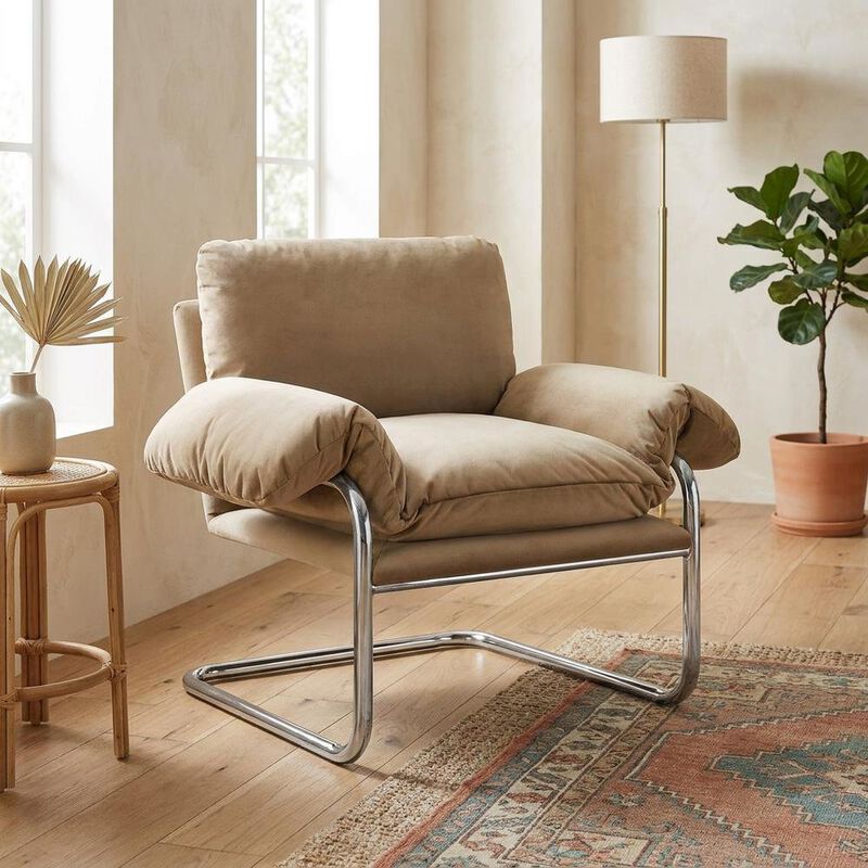 Performance Velvet Upholstered Accent Chair with Wide Arms, Taupe image number 4