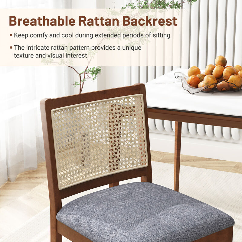 Rattan Dining Chair Set of 2 with Rubber Wood Frame and Linen Fabric Padded Seat