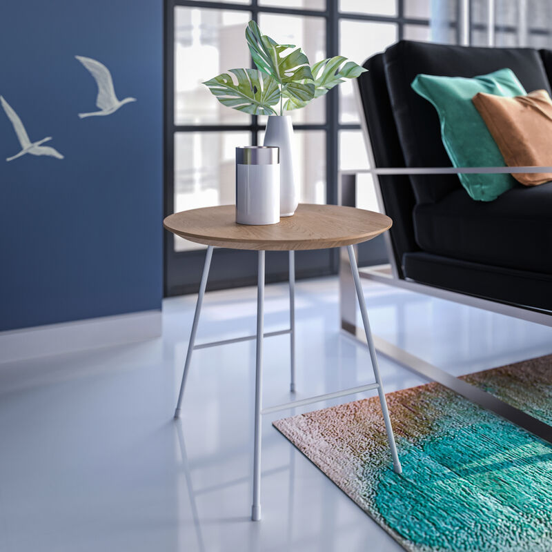 LeisureMod Rossmore Modern Round Side Table with White Steel Frame &ndash; Sleek Accent Table for Living Room, Bedroom, and Contemporary Spaces