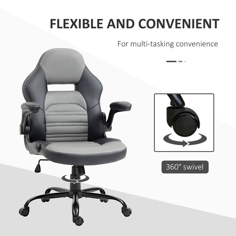 Vinsetto PU Leather Gaming Chair with Flip-up Armrests, Racing Style Computer Chair, Height Adjustable Home Office Chair with Swivel Wheels and Tilt Function, Gray