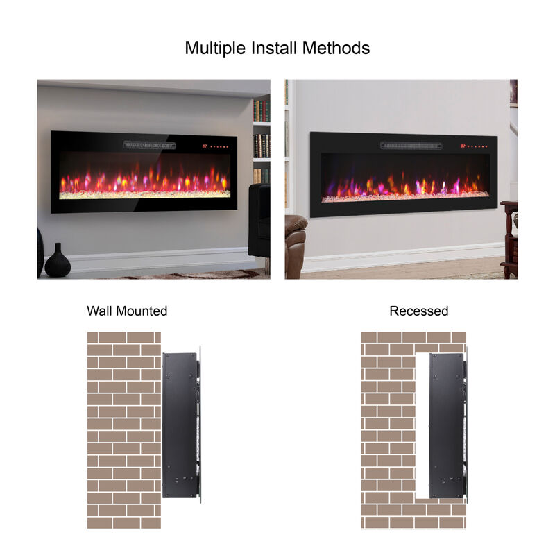 60 inch recessed ultra thin tempered glass front wall mounted electric fireplace with remote and multi color flame & emberbed, LED light heater