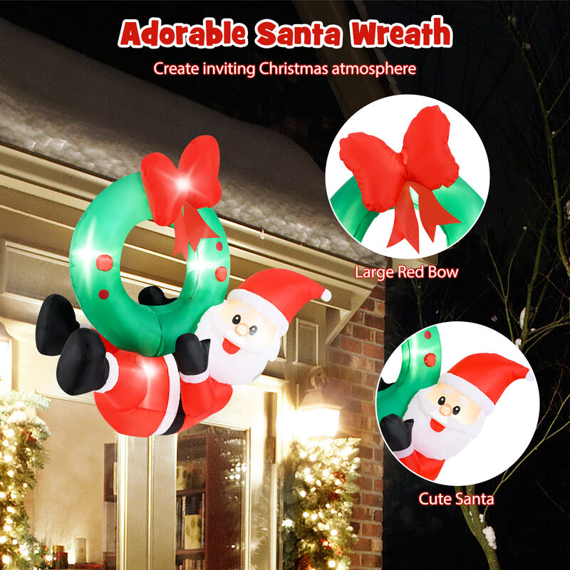 4 ft Inflatable Santa Claus Wreath with Red Bow and 5 LED Lights