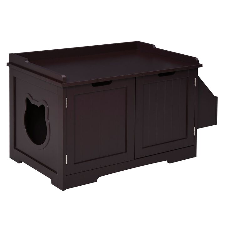 Wooden Cat Litter Box Enclosure Kitten House with Nightstand End Table and Storage Rack Magnetic Doors  Brown