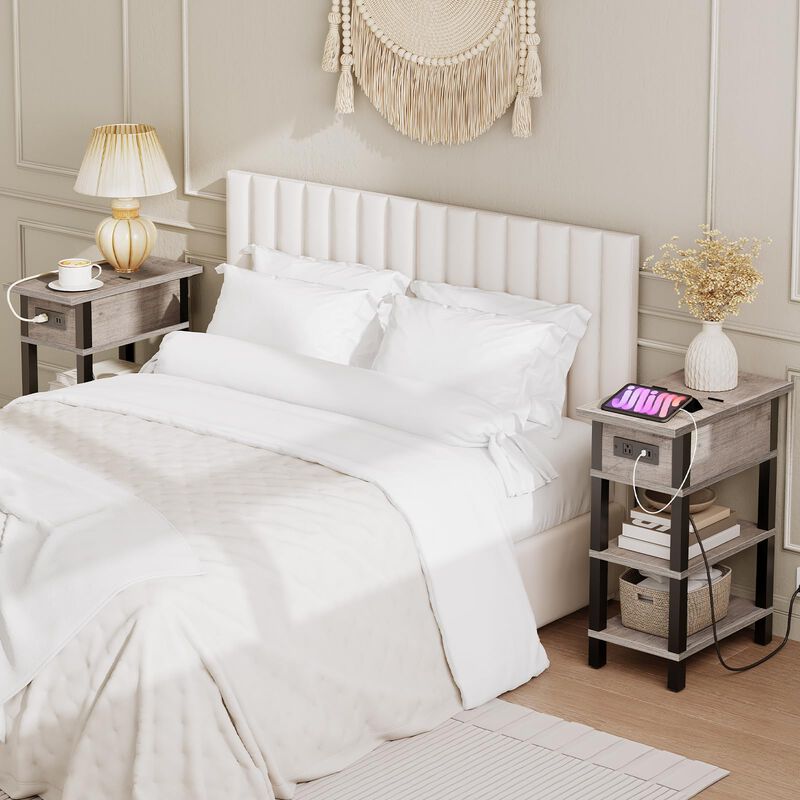 HOOBRO End Table with Charging Station, Flip Top Side Table with USB Ports, Narrow Nightstand Bedside Tables with Storage Shelve
