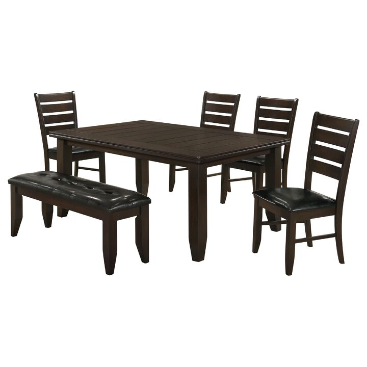 Diyi 6pc Dining Table 4 Chairs and Bench Set, Brown Faux Leather