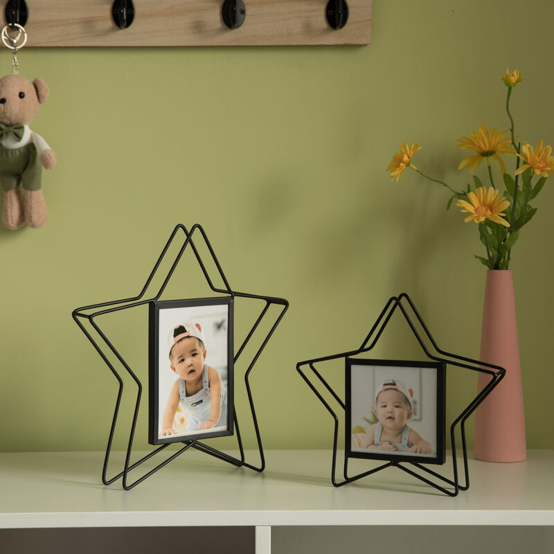 Modern Star Shape Black Metal Decor Photo Frame for Tabletop Display, 4" x 6"