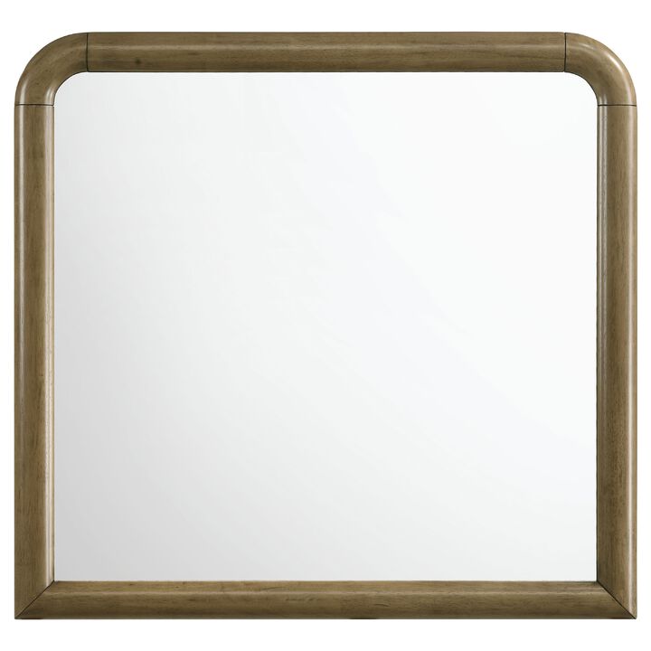 Deon Dresser Mirror, Brown Wood, Round Frame with Curved Top, 37 Inch - Benzara