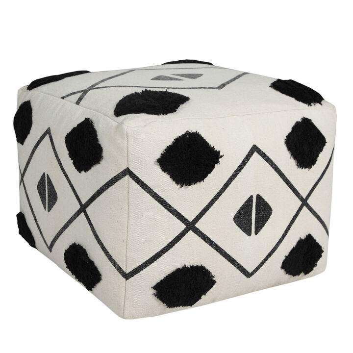 Hivvago 18 Inch White Cotton Geometric Pouf Ottoman