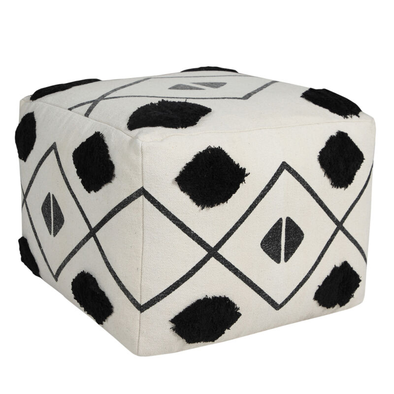Hivvago 18 Inch White Cotton Geometric Pouf Ottoman