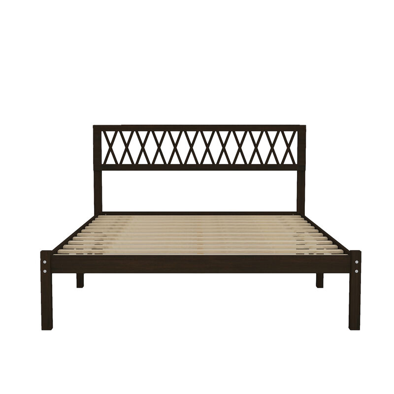 FUFU&GAGA  Returnlov Cherry Solid Wood Bed Frame with Acacia Legs and Plywood Slats, Vintage Style Platform Bed without Box Spring, Classic Wood Headboard (83.8 in. L x 63.2 in. W x 41.1 in. H), Cherry image number 0