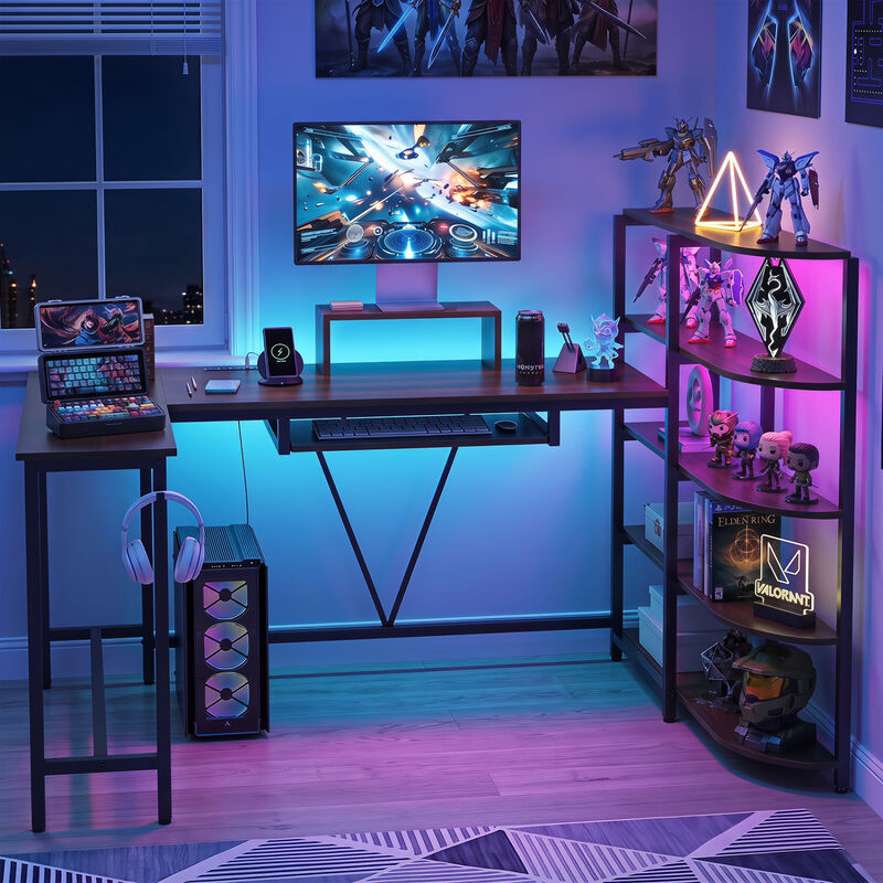U Shaped Computer Desk with 5 Tier Storage Bookshelf and Keyboard Tray image number 4