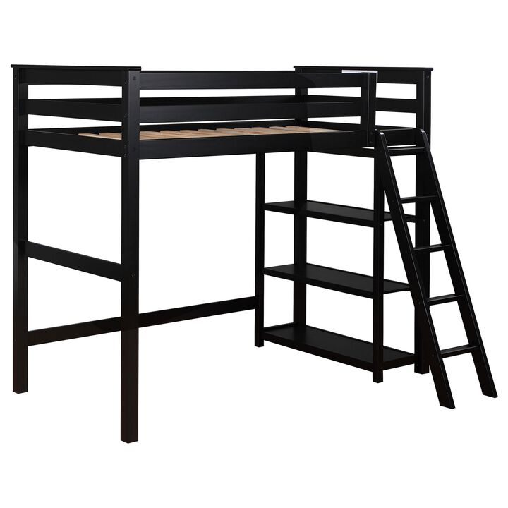 Ica Modern Twin Loft Bed with 3 Shelves and Ladder, Black Solid Wood - Benzara