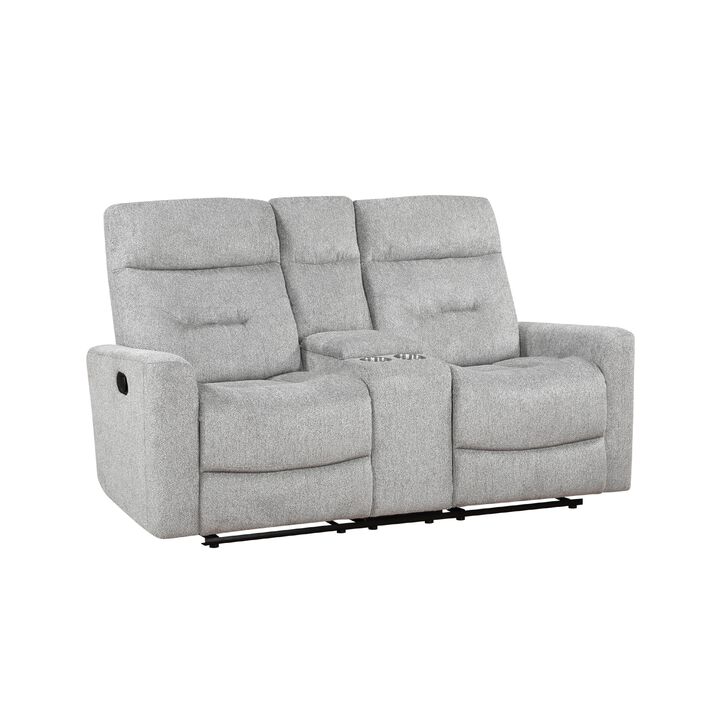 Lyns Manual Recliner Loveseat, Center Console, Gray Chenille, 71 Inch - Benzara