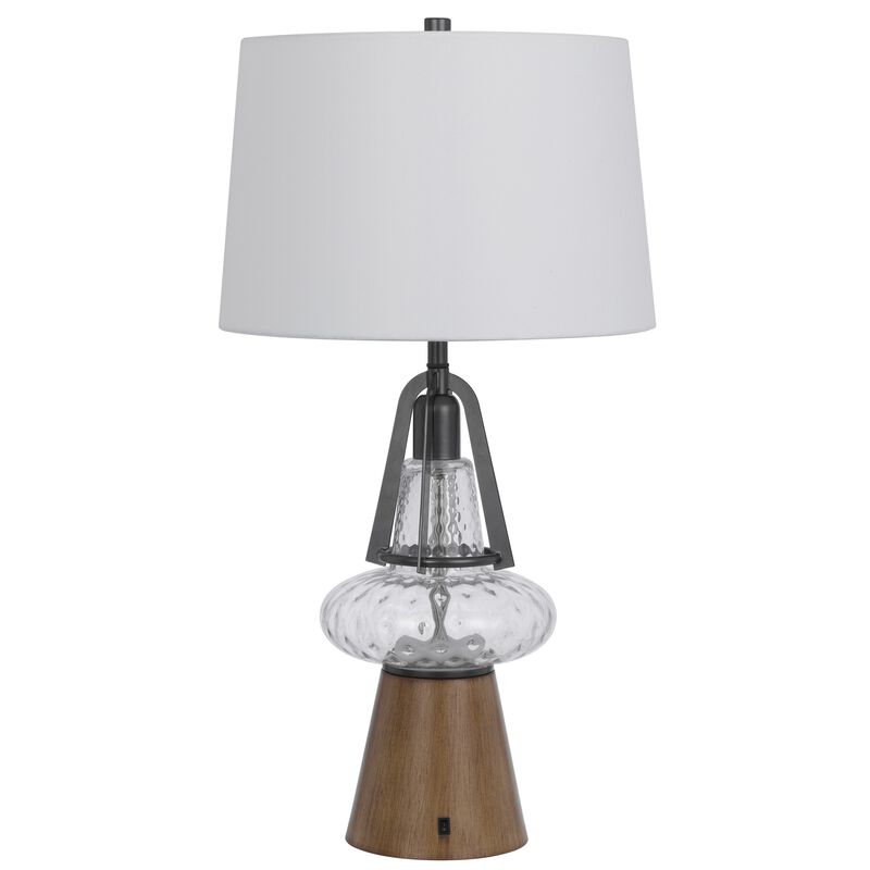 Leya 30 Inch Table Lamp, Lantern Style Glass Base, White Fabric Shade - Benzara