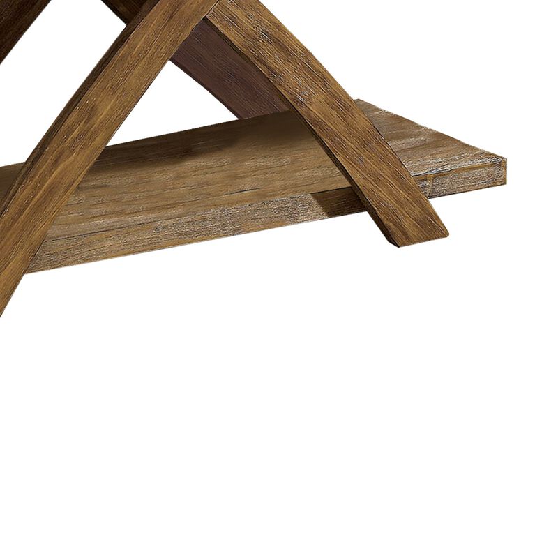 Wooden Sofa Table with Open Bottom Shelf and X Shaped Base, Antique Light Oak Brown-Benzara