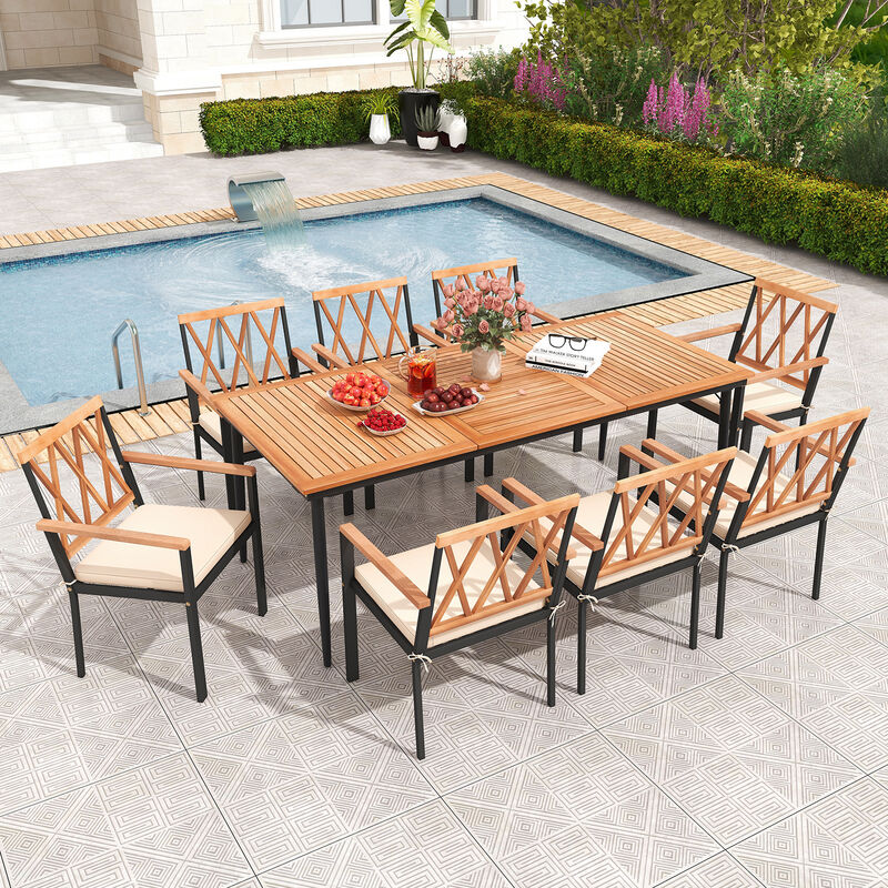 9 Pieces Patio Dining Set with Umbrella Hole and Seat Cushions