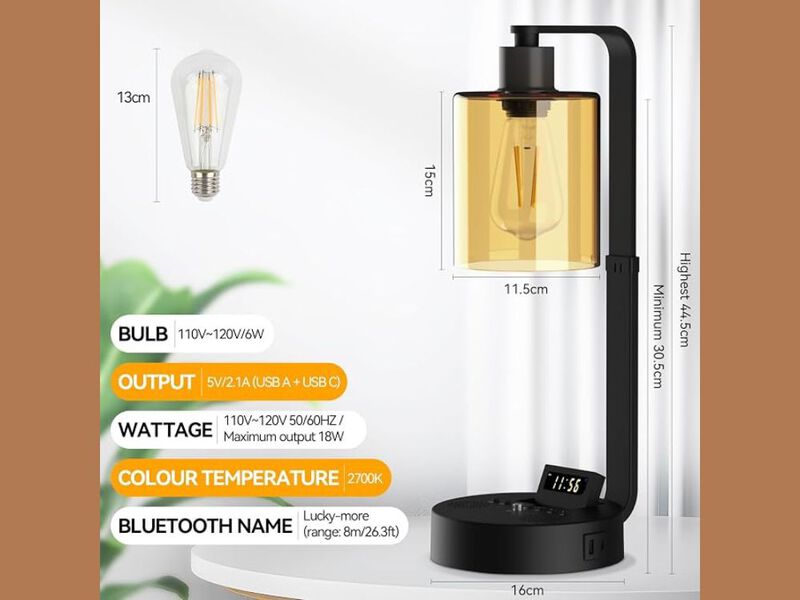 Table Lamp &ndash; Industrial Touch Dimmable Bedside Light, USB‑A/C, Alarm & Speaker image number 2