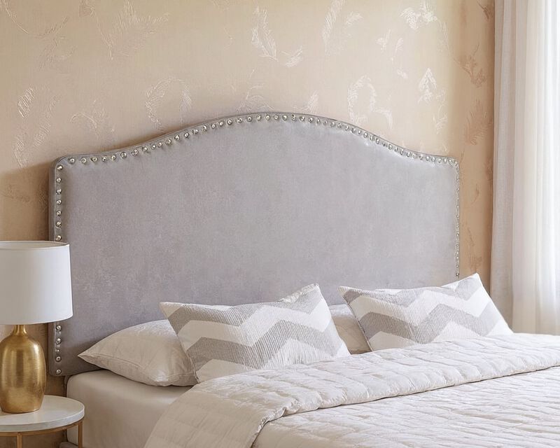 HomeRoots Gray Faux Leather Upholstered Arched Queen Headboard With Nail Head Trim image number 1