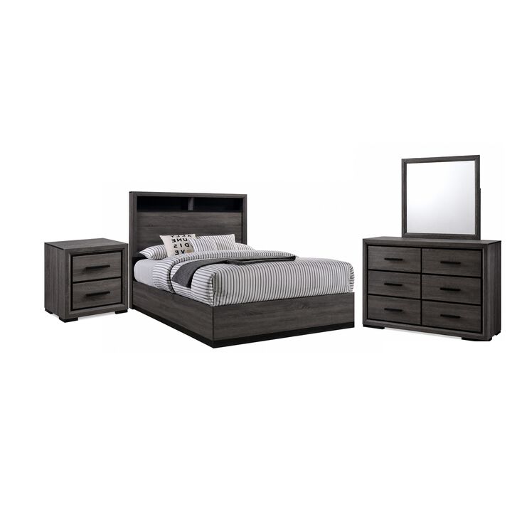 Kalie 4pc Queen Bedroom Set with Bookcase Headboard, Storage, Gray Wood