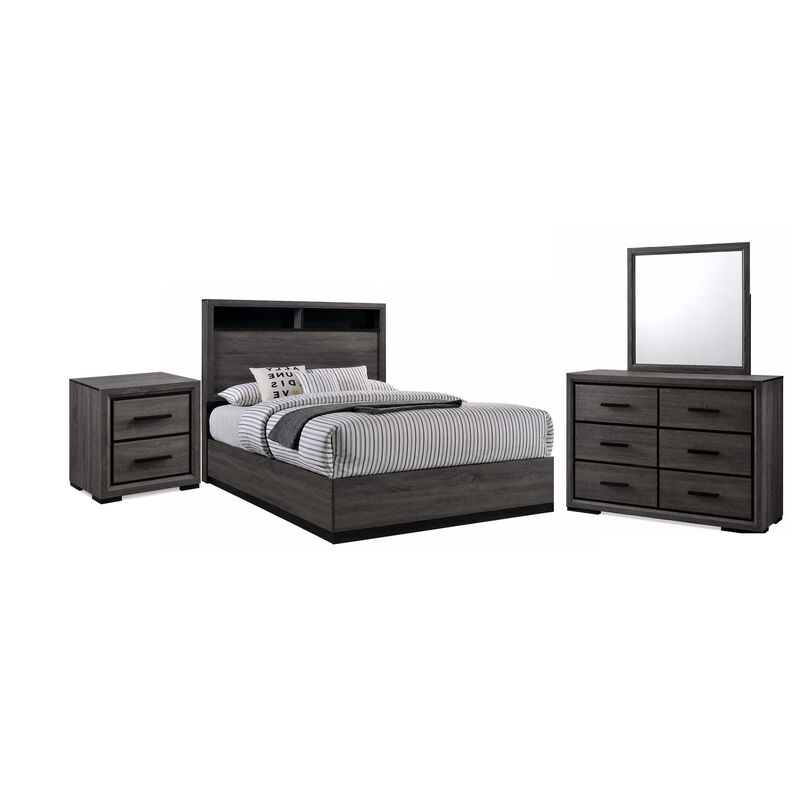 Kalie 4pc Queen Bedroom Set with Bookcase Headboard, Storage, Gray Wood image number 0