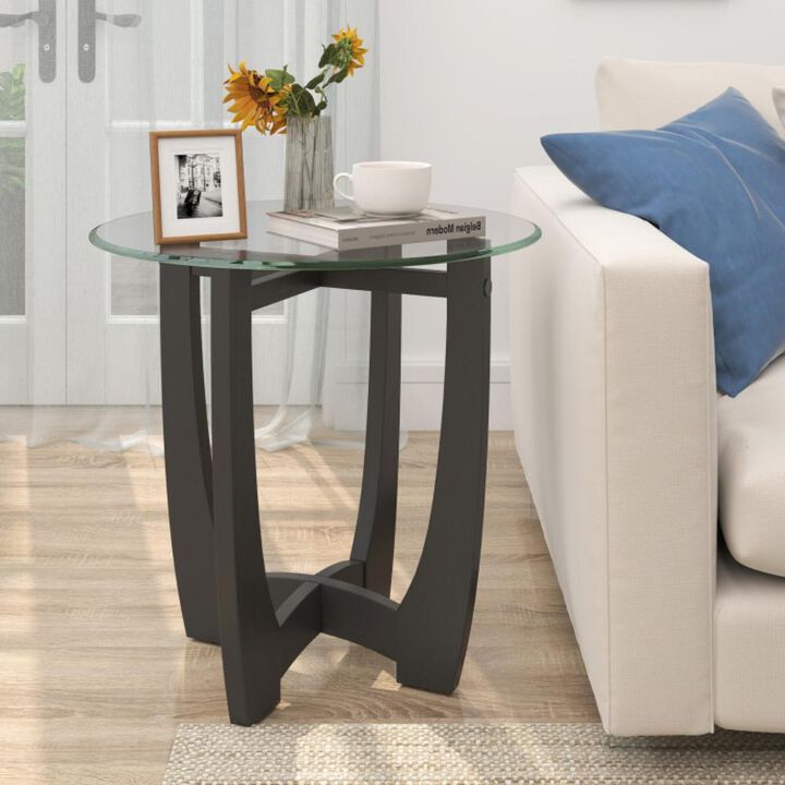 Hivvago 23.5 Inch Round End Side Table with Tempered Glass Tabletop