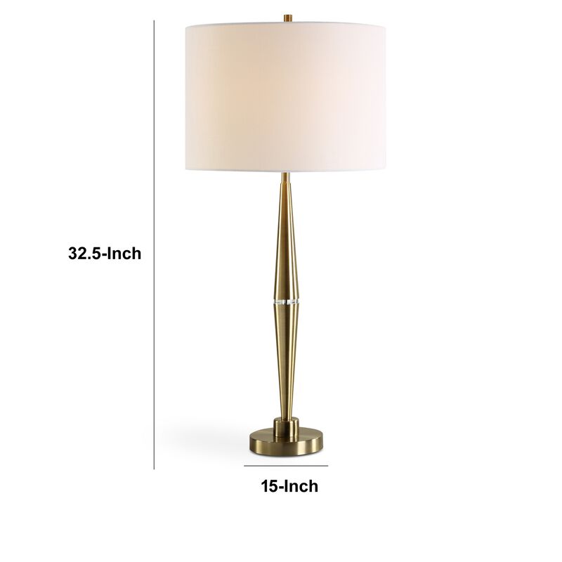 Modern Accent Table Lamp, White Linen Drum Shade, Gold Metal Tapered Base - Benzara